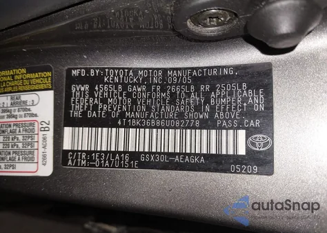 2006 Toyota Avalon Xls z USA, uszkodzony, nr VIN 4T1BK36B86U082778